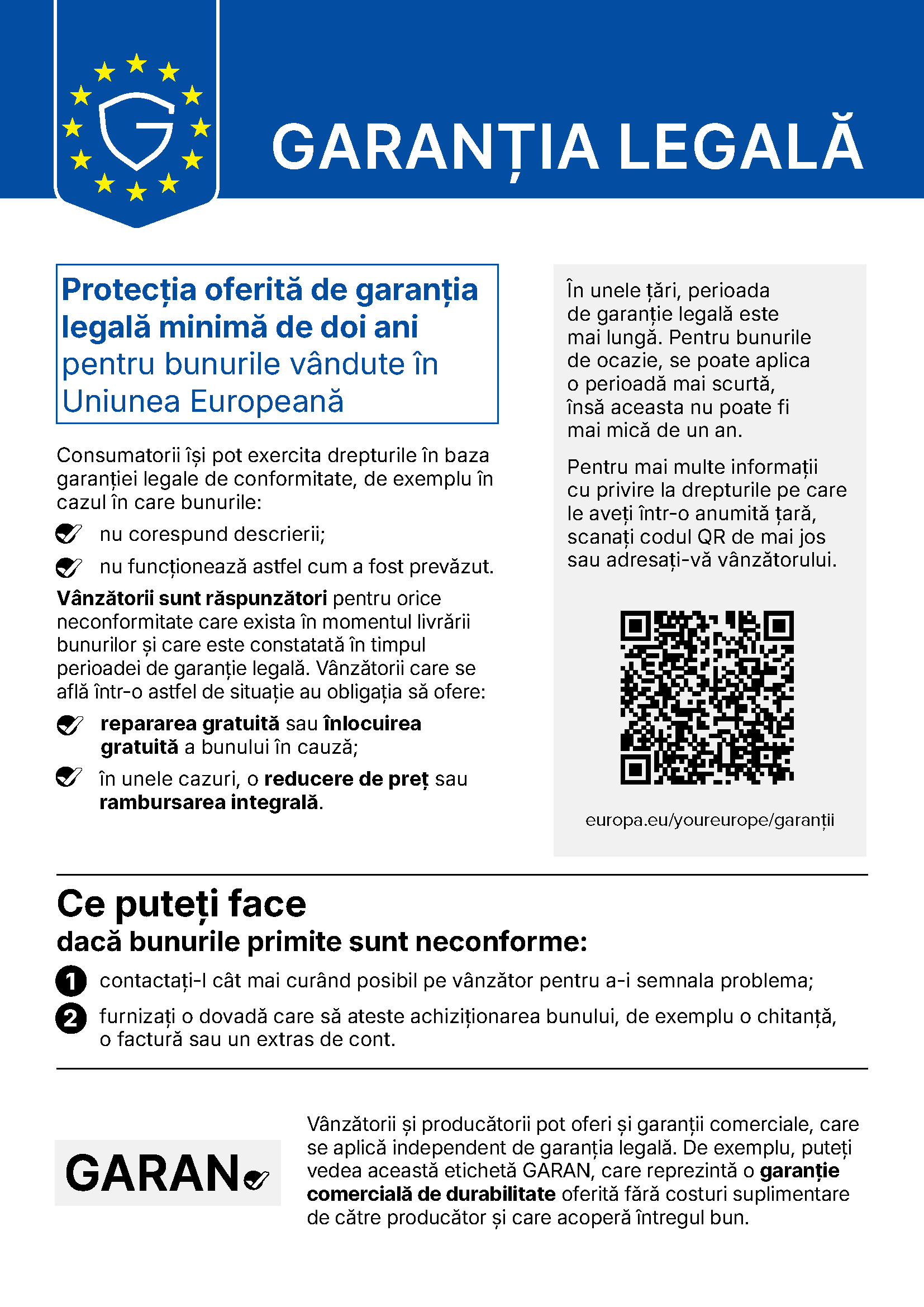 Notificare privind garanția legală de conformitate în UE